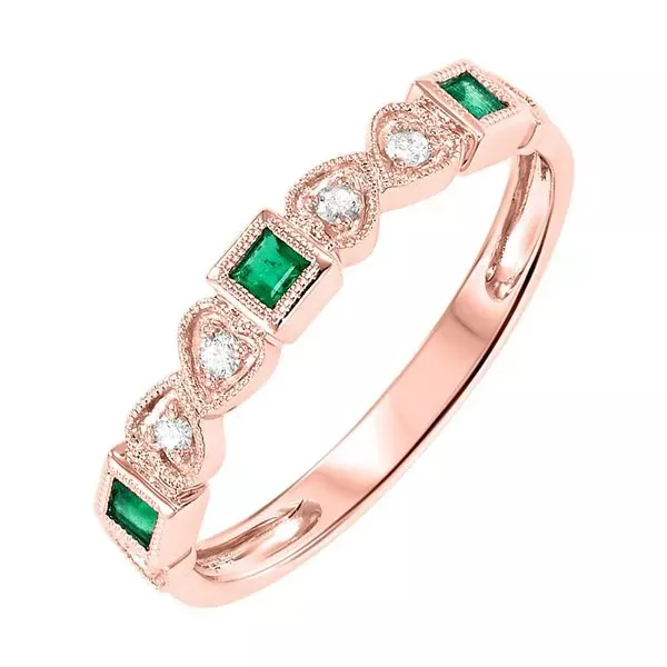 14Kt Rose Gold Diamond 1/10Ctw & Emerald 1/6Ctw Ring
