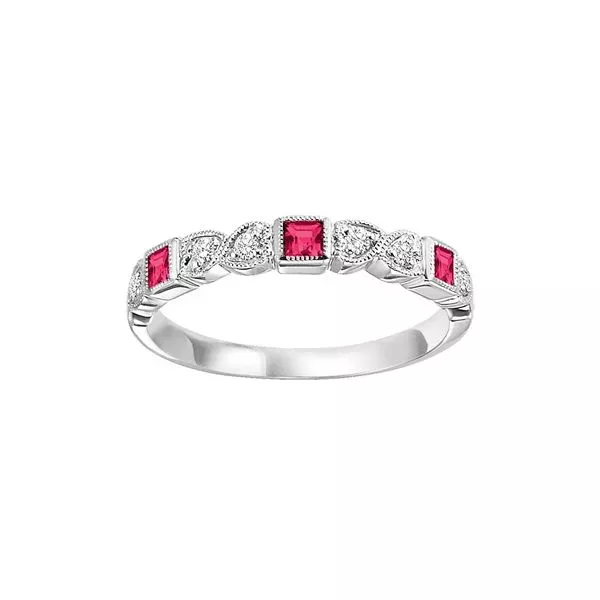 14Kt White Gold Diamond 1/12Ctw & Ruby 1/6Ctw Ring