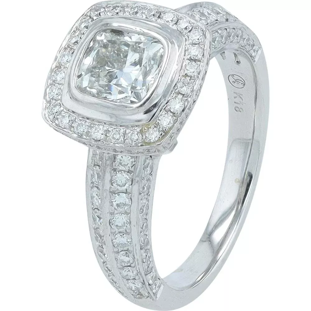 18K White Gold 1.01 Carat Cushion Cut Diamond Halo Engagement Ring with Pave Diamond Band - 1.81 Carat Total Diamond Weight