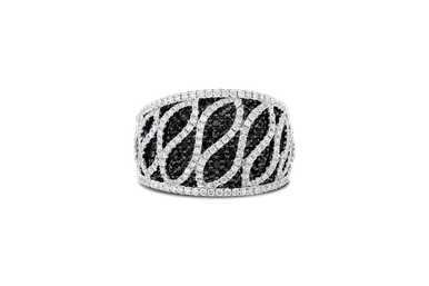 18k White Gold 15.0 mm Black and White Diamond Ring 3.0 CTW.