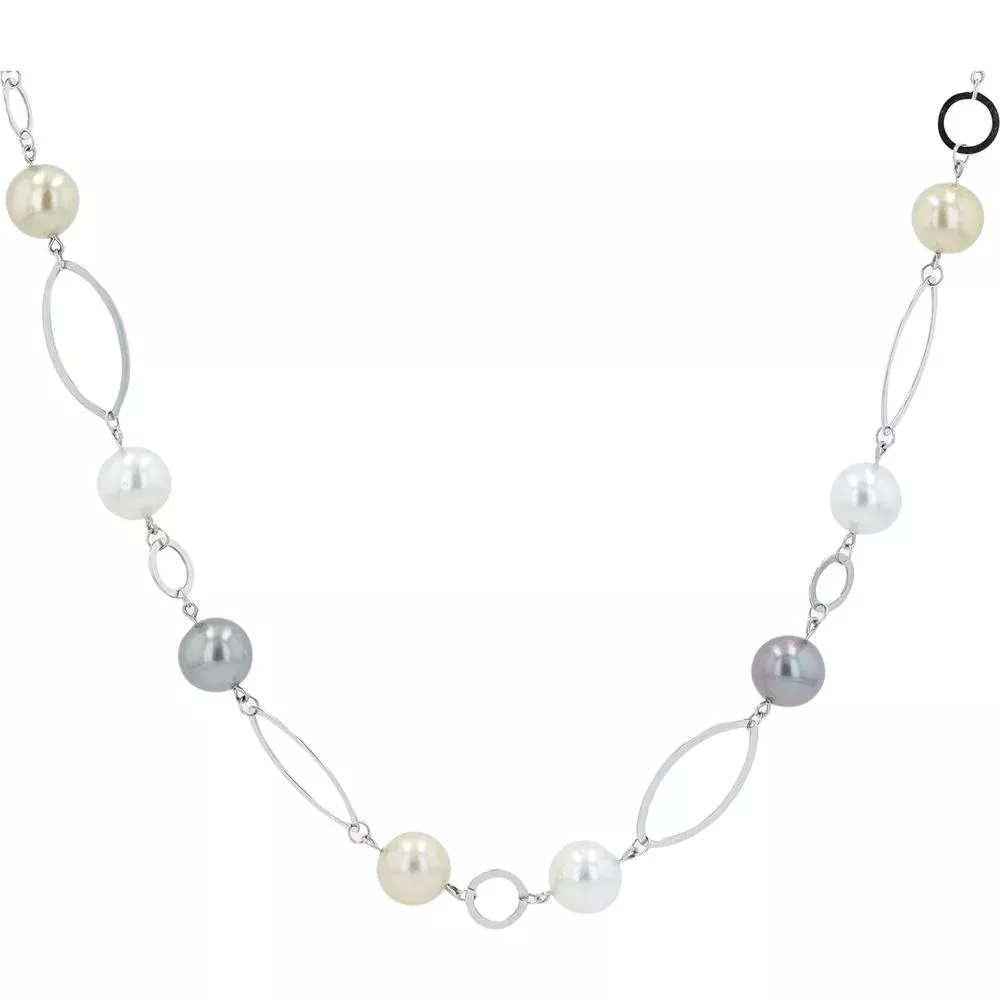 18K White Gold 9-10mm Multi-Colored Pearl Station Necklace - 26 Inches