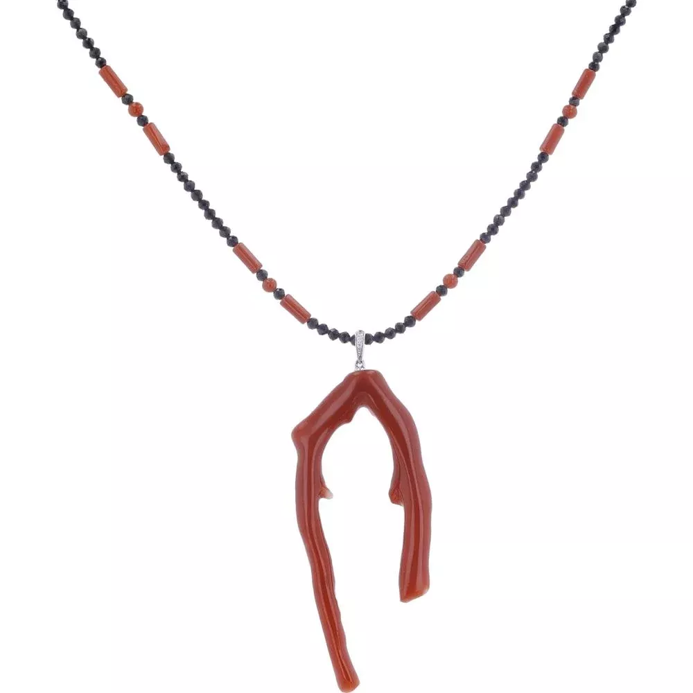 18K Yellow Gold Coral & Black Bead Pendant with 0.01 Carat Diamond Accent, 18-Inch Chain