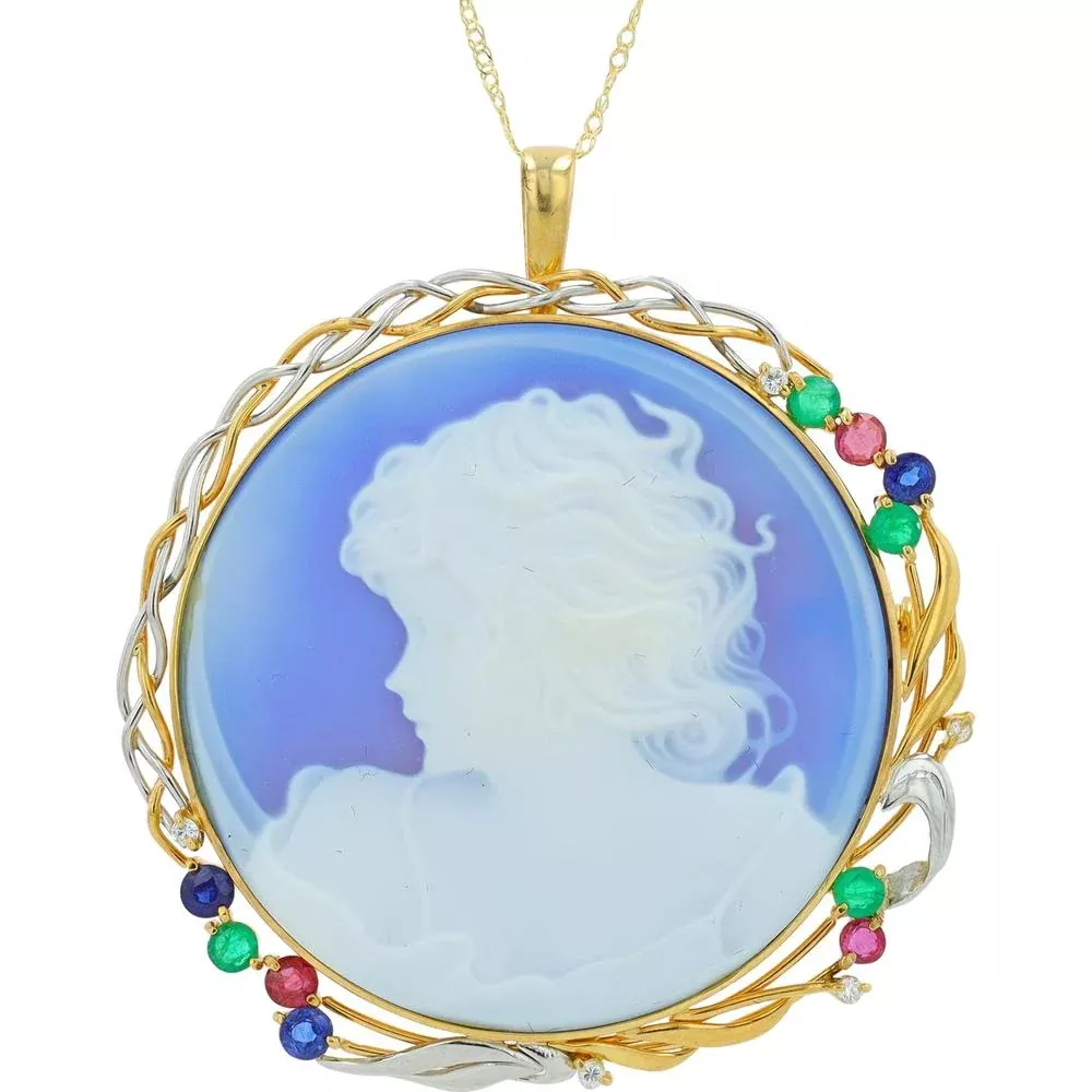 18K Yellow Gold and Platinum Cameo Pendant with Ruby, Emerald, Sapphire, and Diamond Accents - 3.06 Carat Total Gem Weight