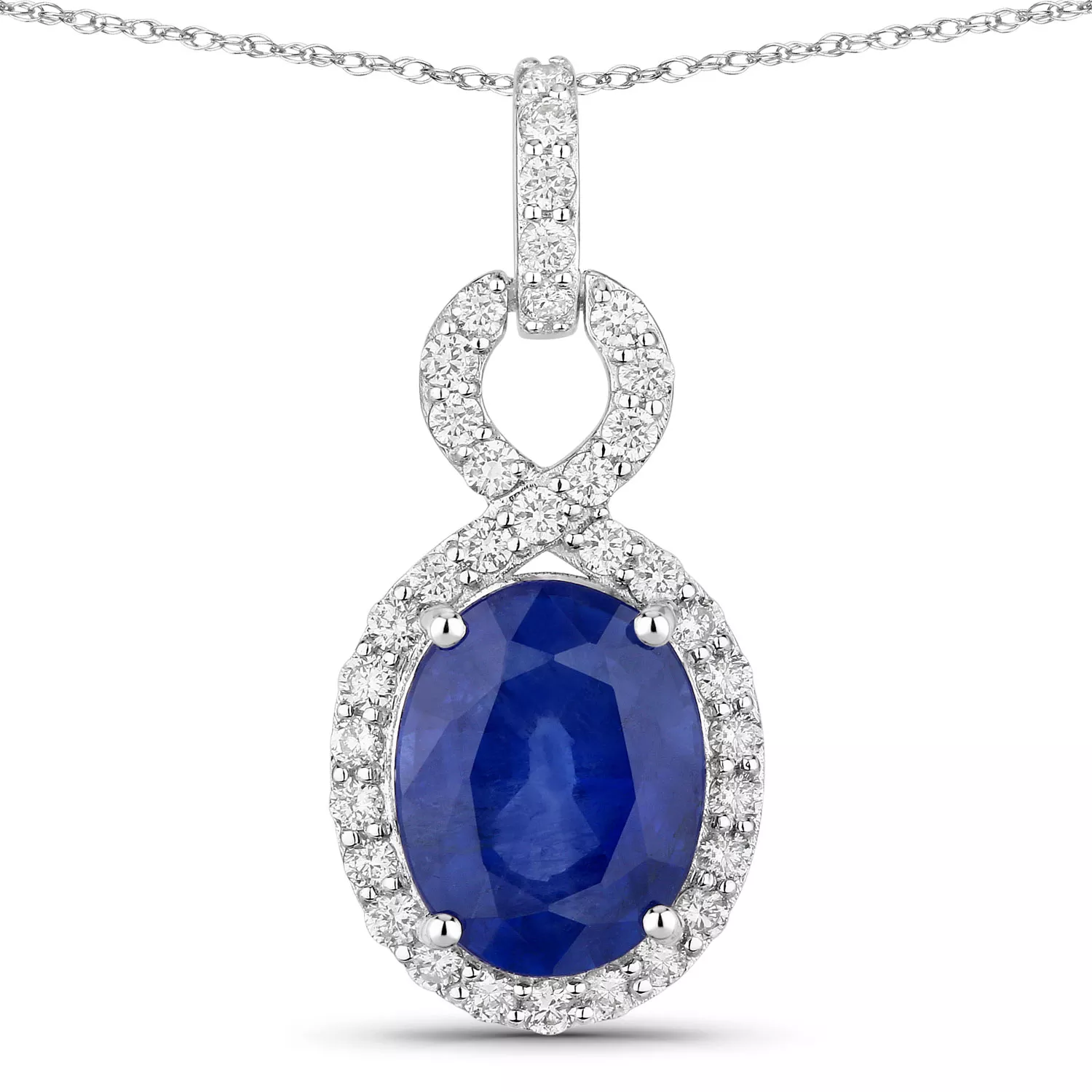 2.92 Carat Genuine Ceylon Blue Sapphire and White Diamond 18K White Gold Pendant