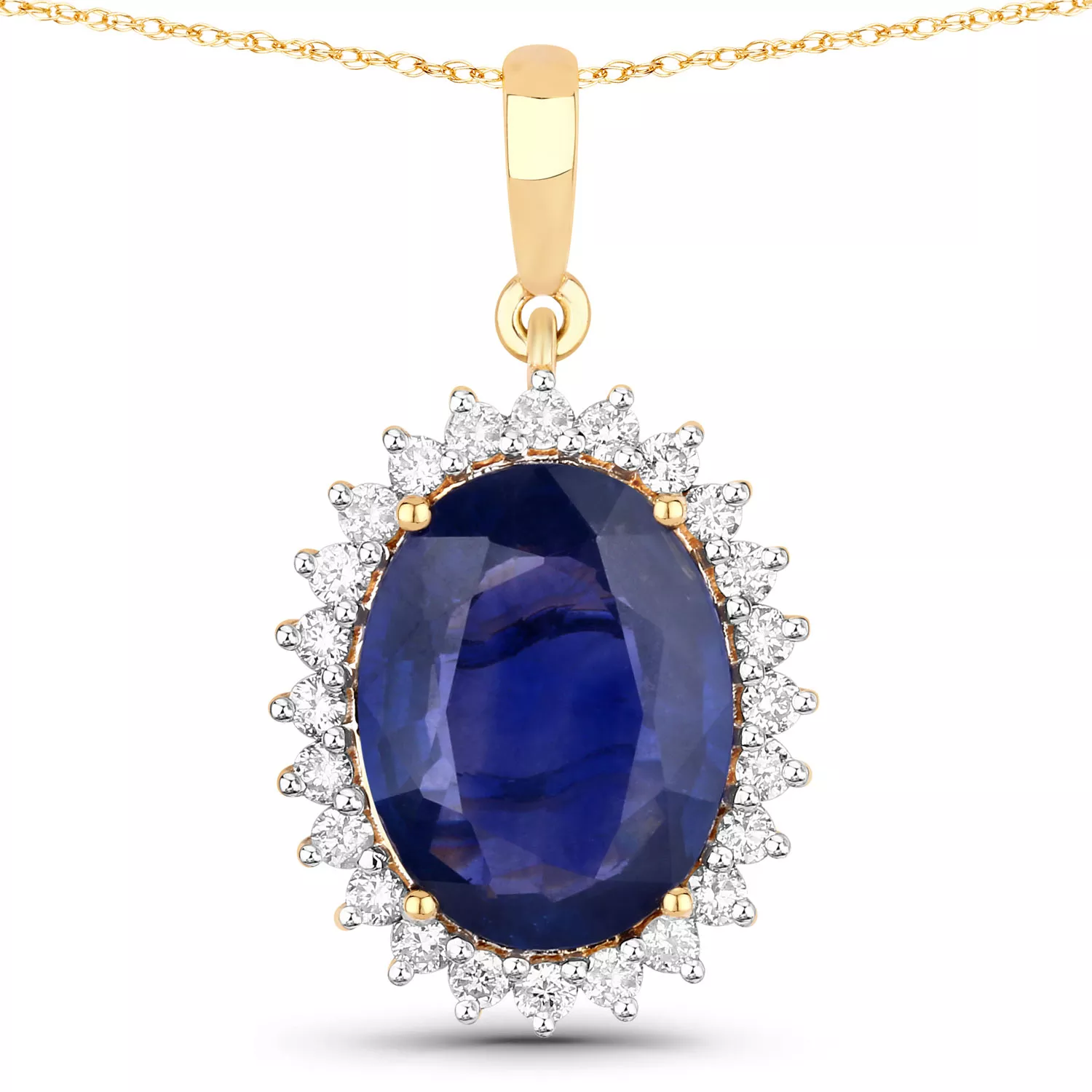 3.07 Carat Genuine Ceylon Blue Sapphire and White Diamond 18K Yellow Gold Pendant