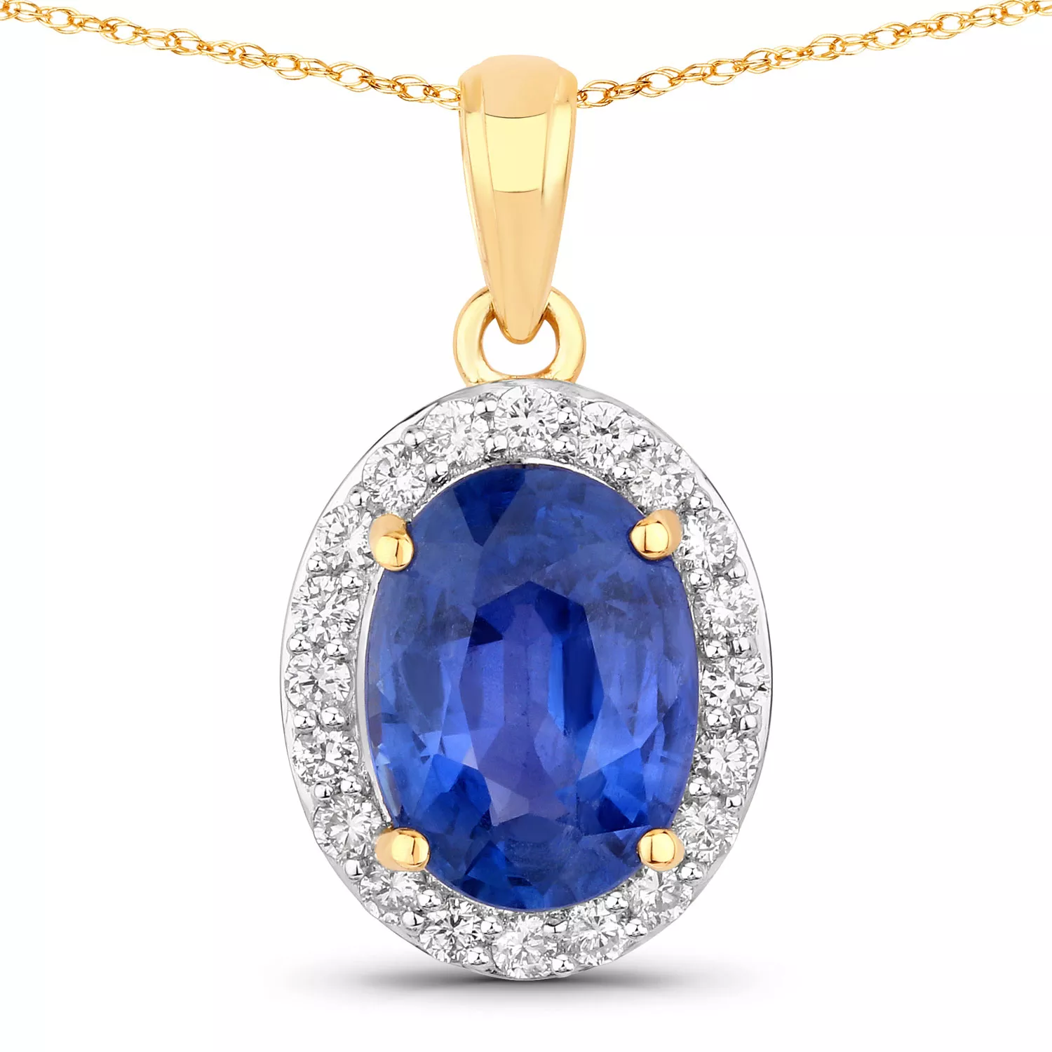 3.33 Carat Genuine Ceylon Blue Sapphire and White Diamond 18K Yellow Gold Pendant