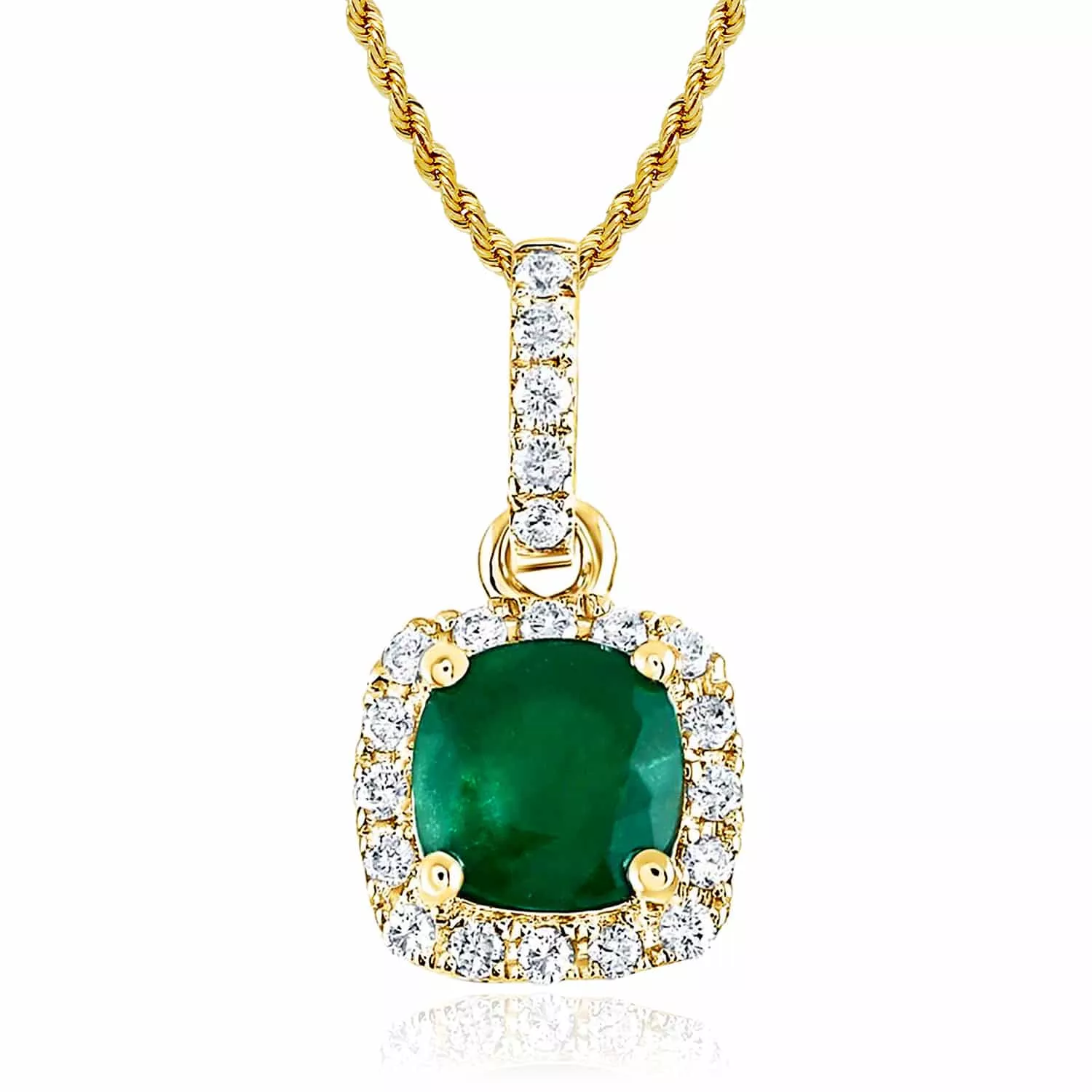 .72CTW Natural Diamond 14K Gold Green Emerald Solitaire Halo Pendant 0.4"