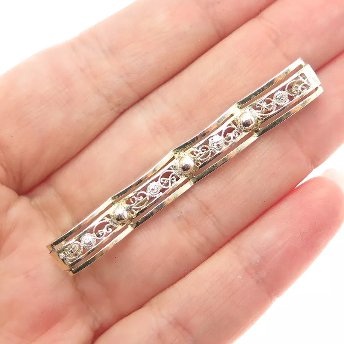 800 Silver 2-Tone Vintage Rose Flower Filigree Bar Pin Brooch