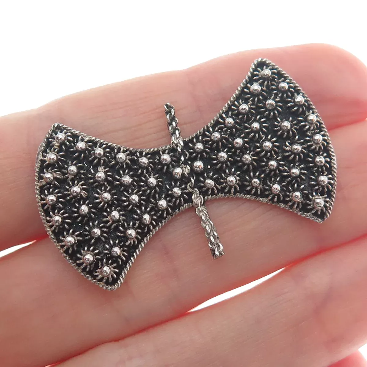 900 Silver Antique Axe Cannetille Floral Oxidized Pin Brooch