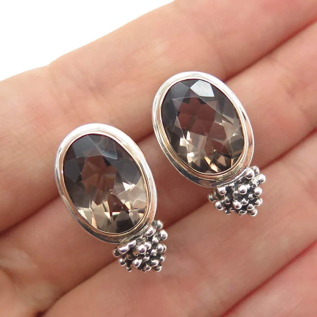 925 Sterling Silver 14K Gold Real Smoky Quartz Beaded Omega Back Earrings