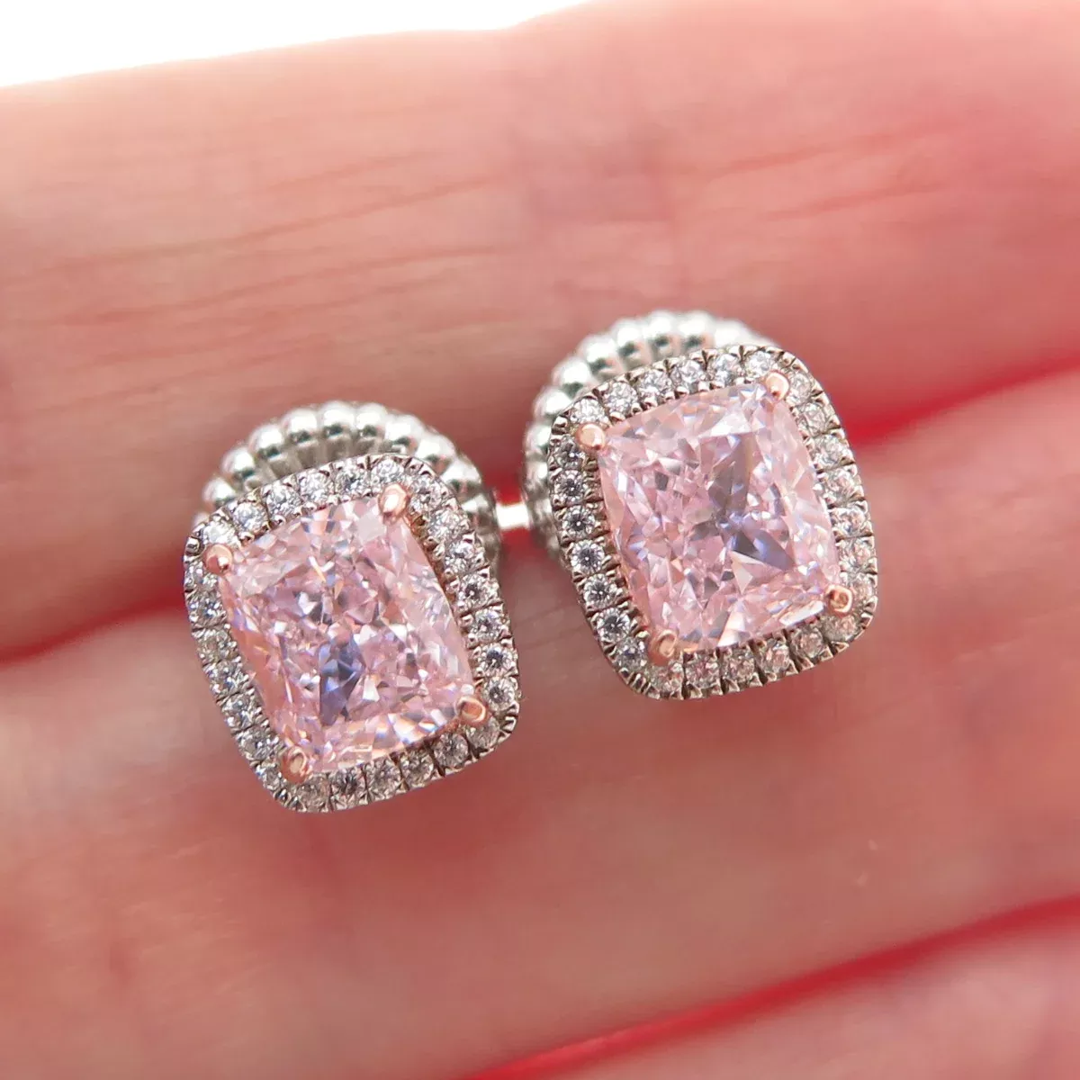 925 Sterling Silver 2-Tone Radiant-Cut Pink & Round-Cut White C Z Stud Earrings