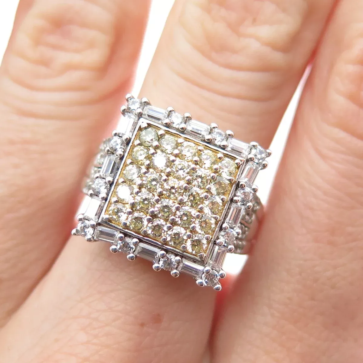 925 Sterling Silver 2-Tone Round & Emerald-Cut Canary & White C Z Ring Size 7