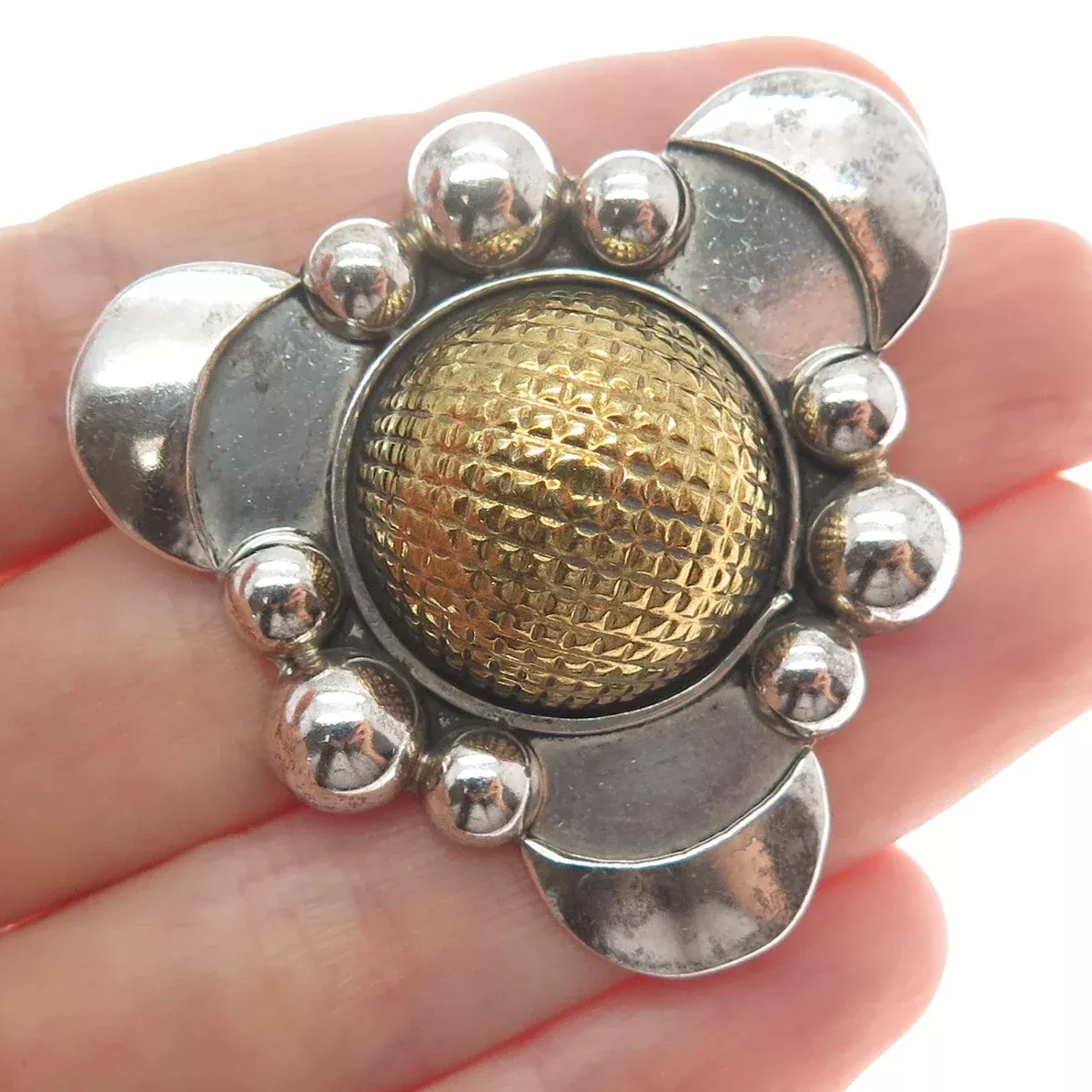 925 Sterling Silver 2-Tone Vintage Mexico Modernist Beaded Pin Brooch/ Pendant