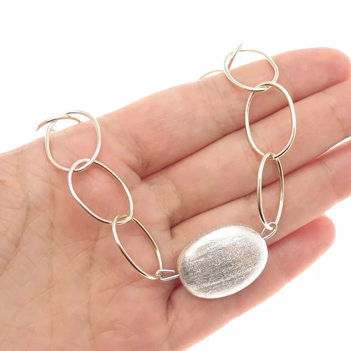 925 Sterling Silver 2-Tone Vintage Modernist Oval Chain Necklace 16