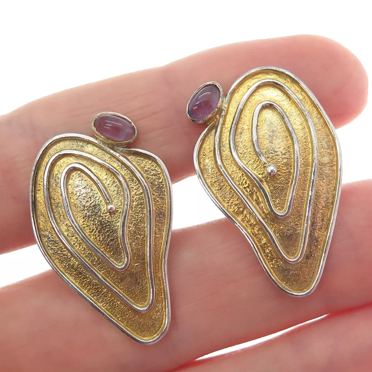 925 Sterling Silver 2-Tone Vintage Real Amethyst Gemstone Modernist Cufflinks