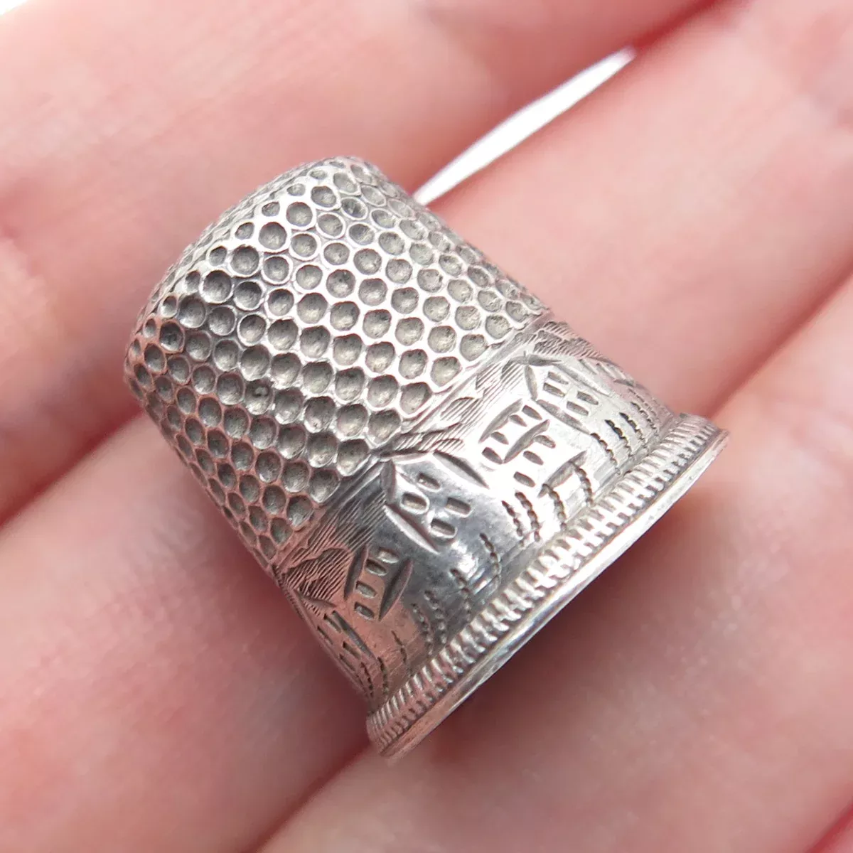 925 Sterling Silver Antique Art Deco Oxidized Thimble Size 6