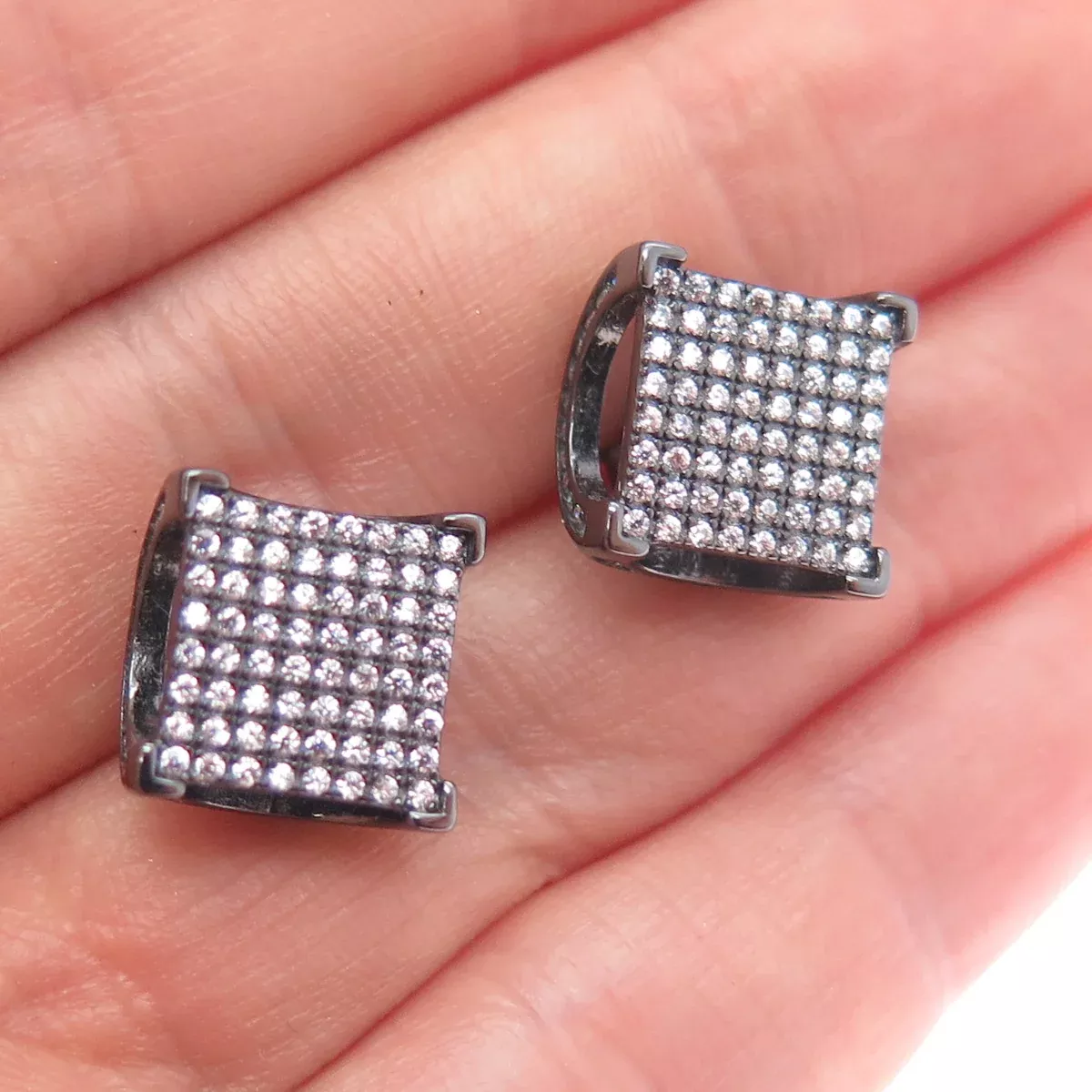 925 Sterling Silver Black Rhodium Round-Cut C Z Arch Square Stud Earrings