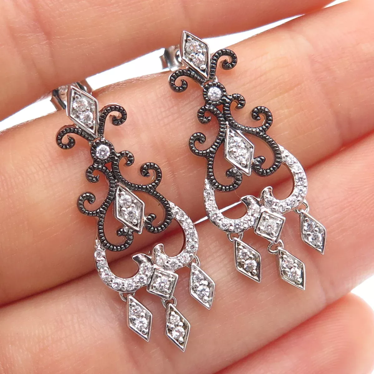 925 Sterling Silver Black Rhodium Round-Cut C Z Chandelier Dangle Earrings