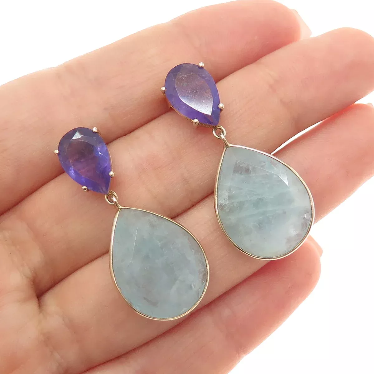 925 Sterling Silver Gold Plated Real Milky Aquamarine & Amethyst Dangle Earrings