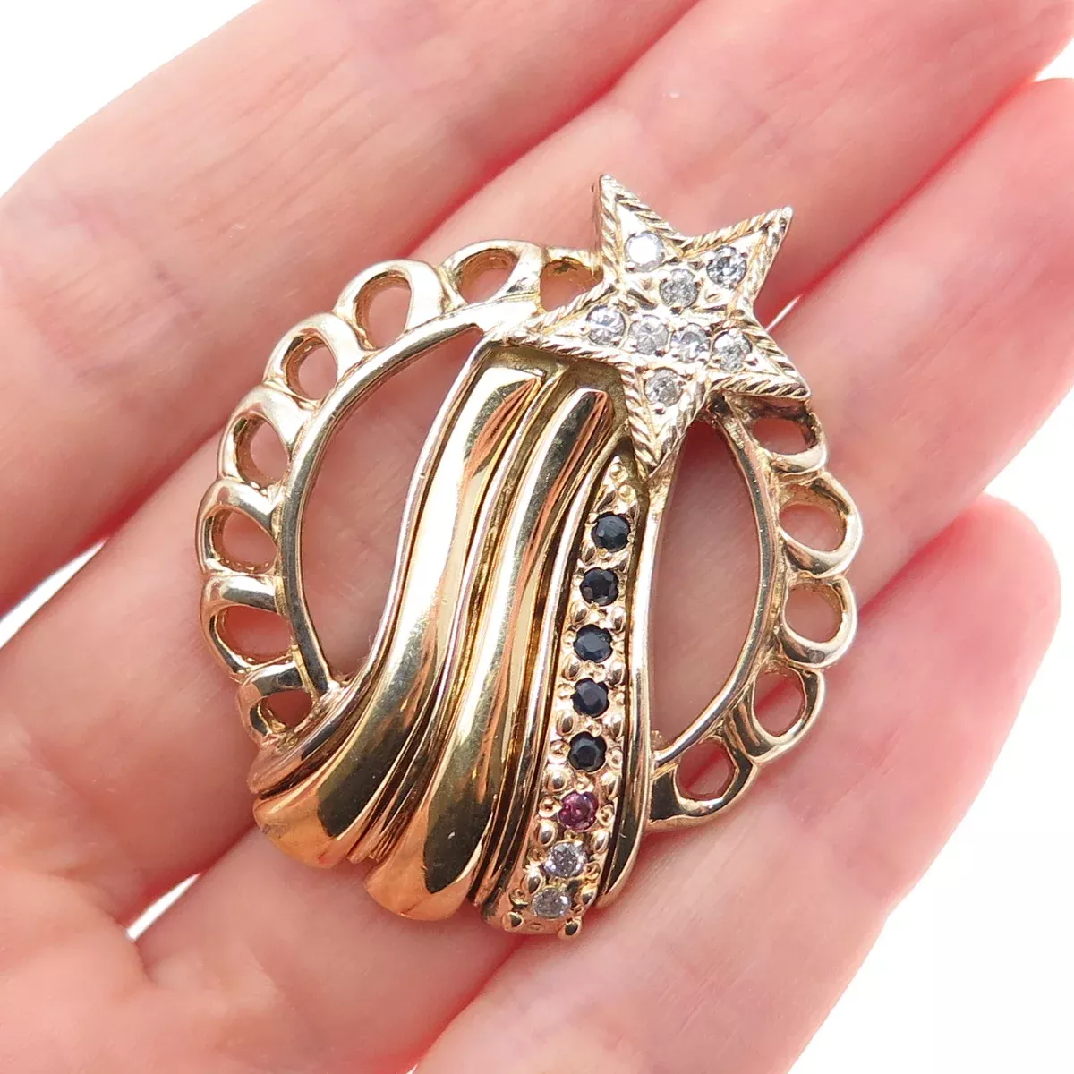 925 Sterling Silver Gold Plated Vintage Real Diamond Sapphire & Ruby Star Brooch
