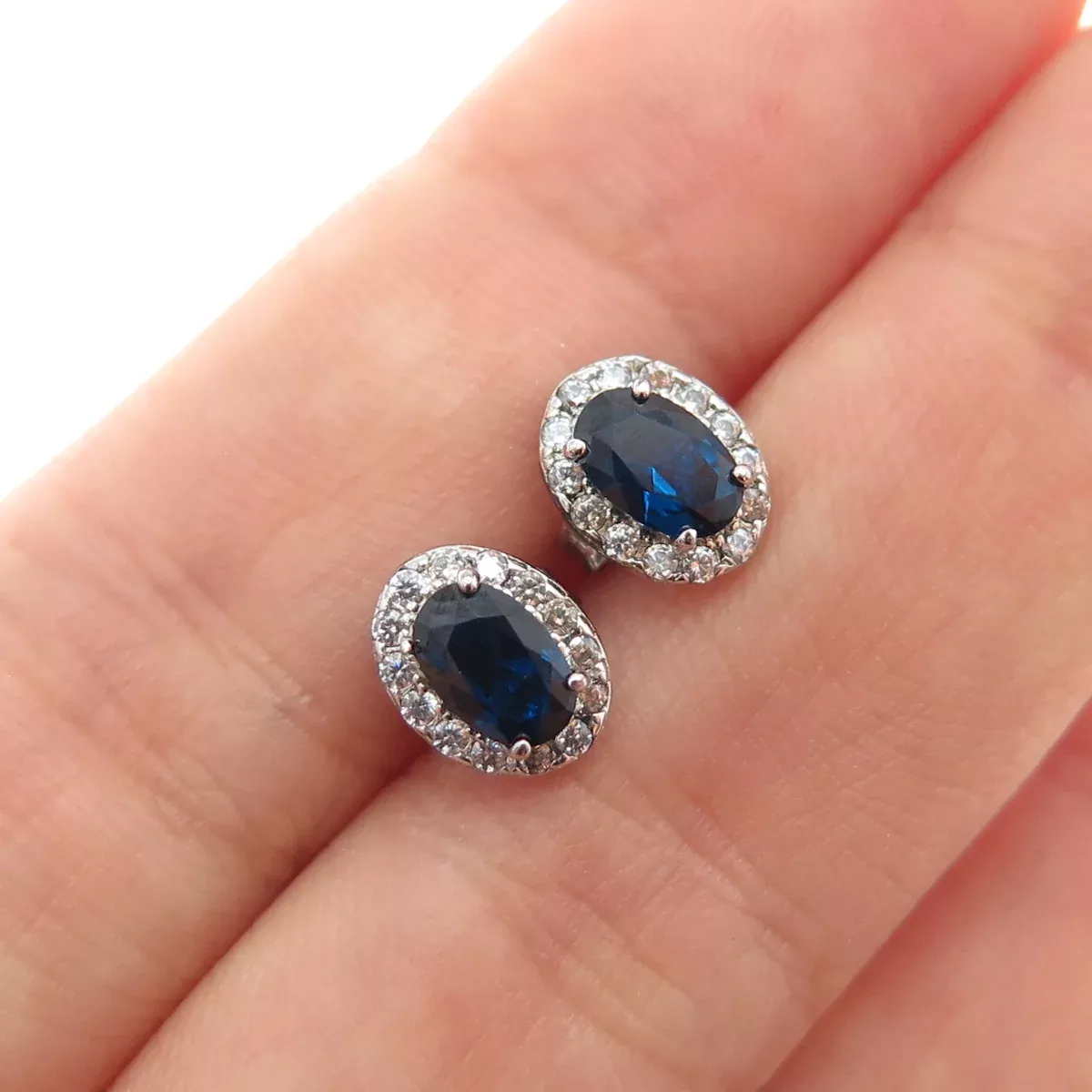 925 Sterling Silver Oval-Cut Blue & Round-Cut White C Z Stud Earrings