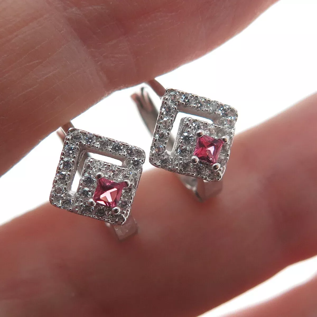 925 Sterling Silver Princess-Cut Pink & Round-Cut White C Z Hoop Earrings