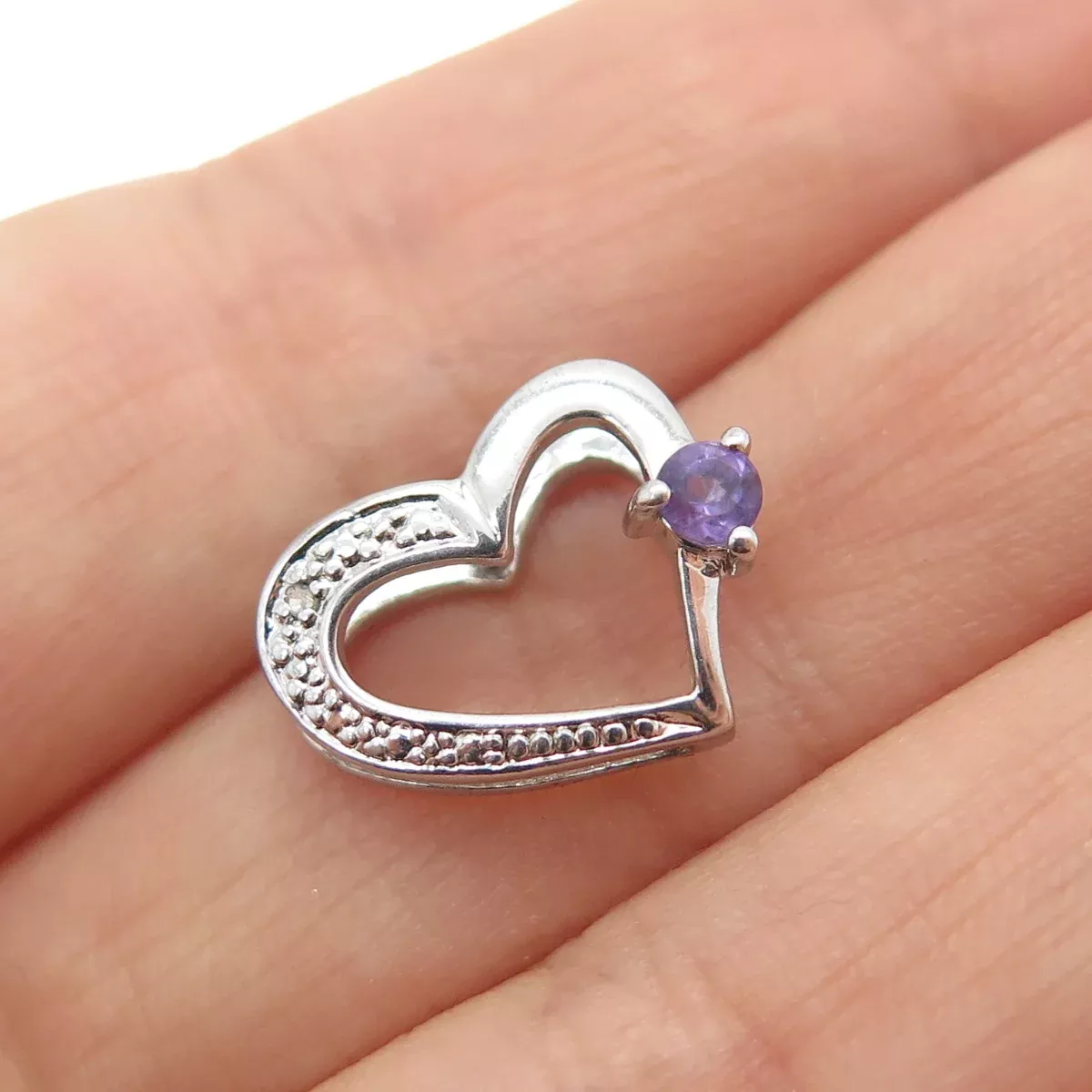 925 Sterling Silver Real Diamond Accent Amethyst Heart Minimalist Slide Pendant