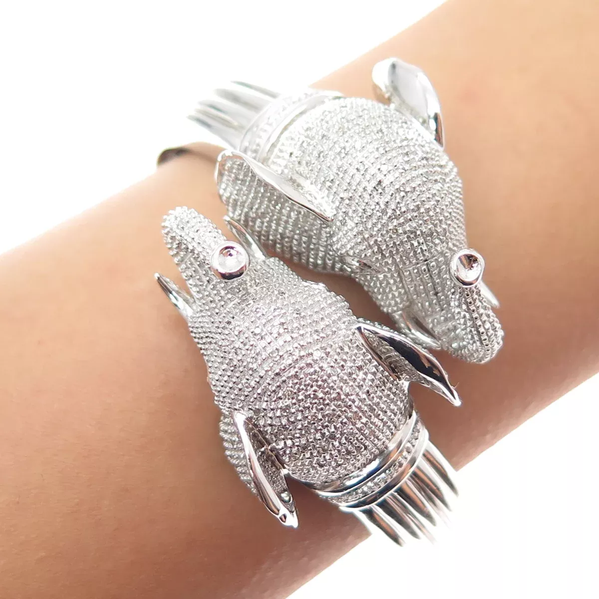 925 Sterling Silver Real Round-Cut Diamond Elephant Heavy 55.7g Bracelet 6.5
