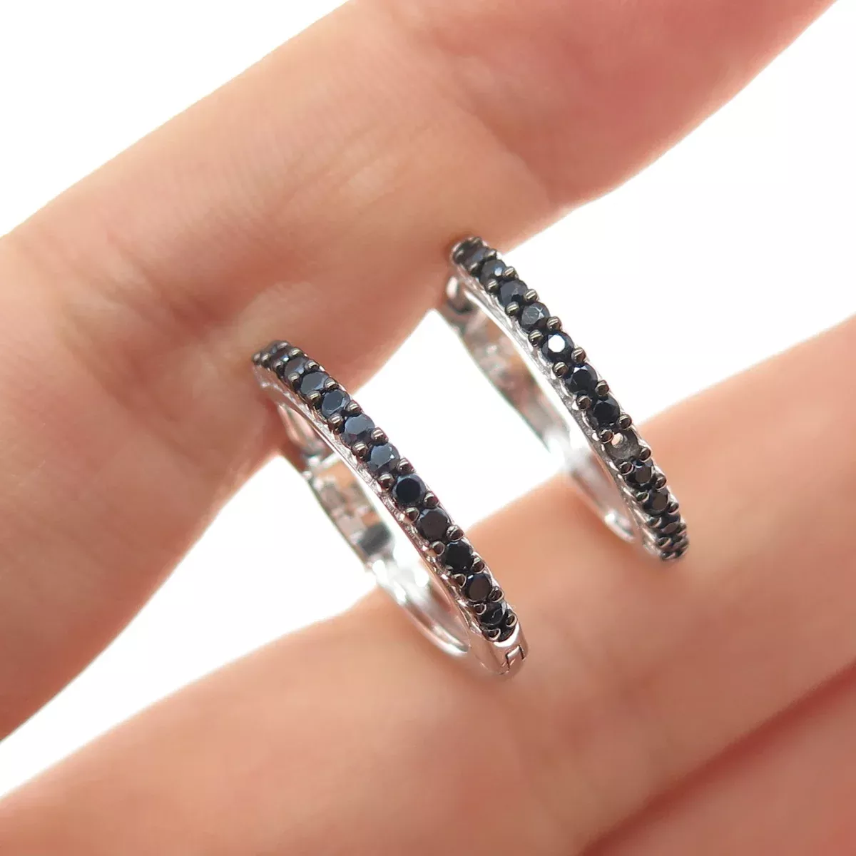 925 Sterling Silver Round-Cut Black C Z Hoop Earrings