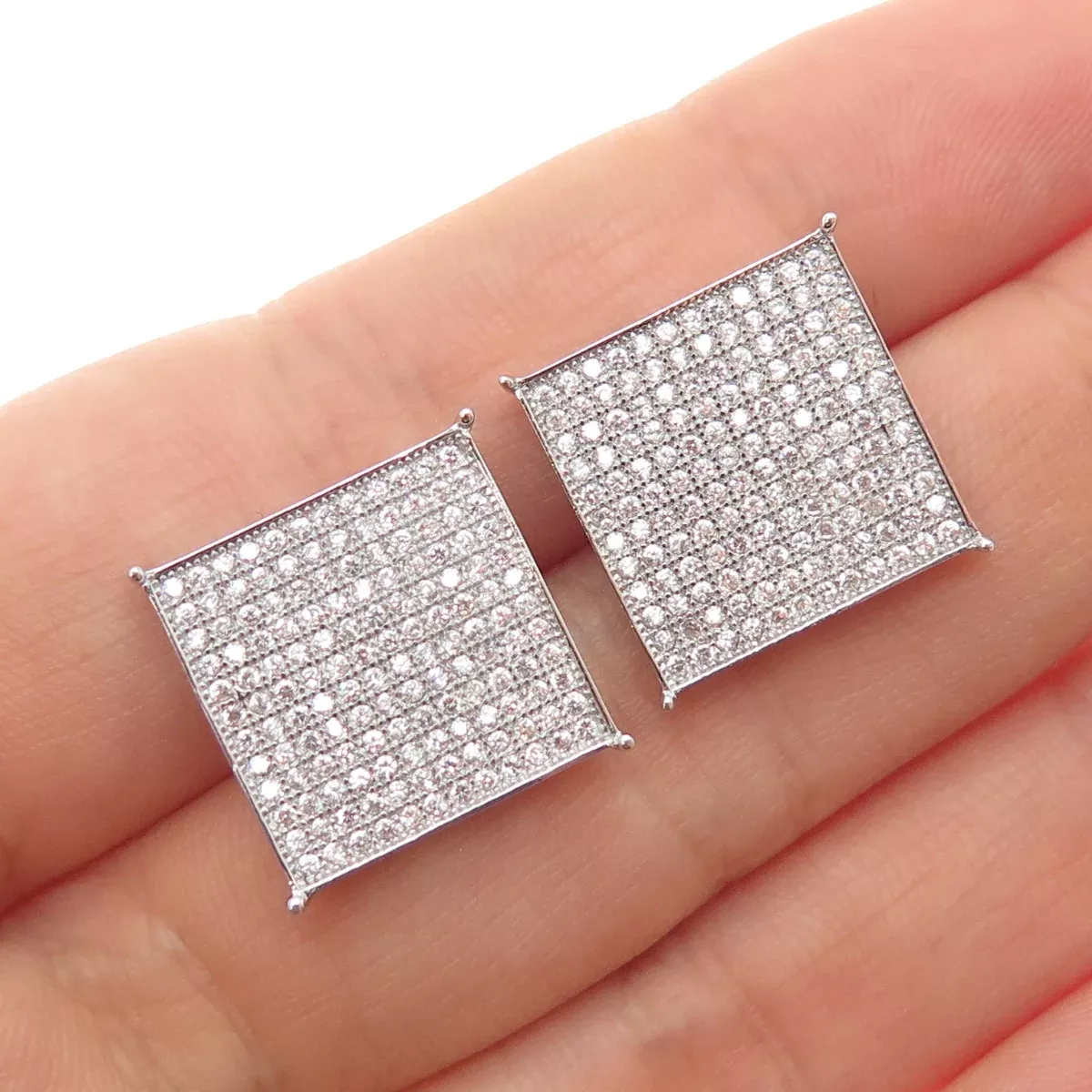 925 Sterling Silver Round-Cut C Z 15mm Square Stud Earrings