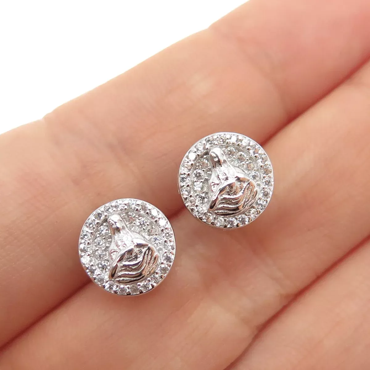 925 Sterling Silver Round-Cut C Z Buddha Stud Earrings