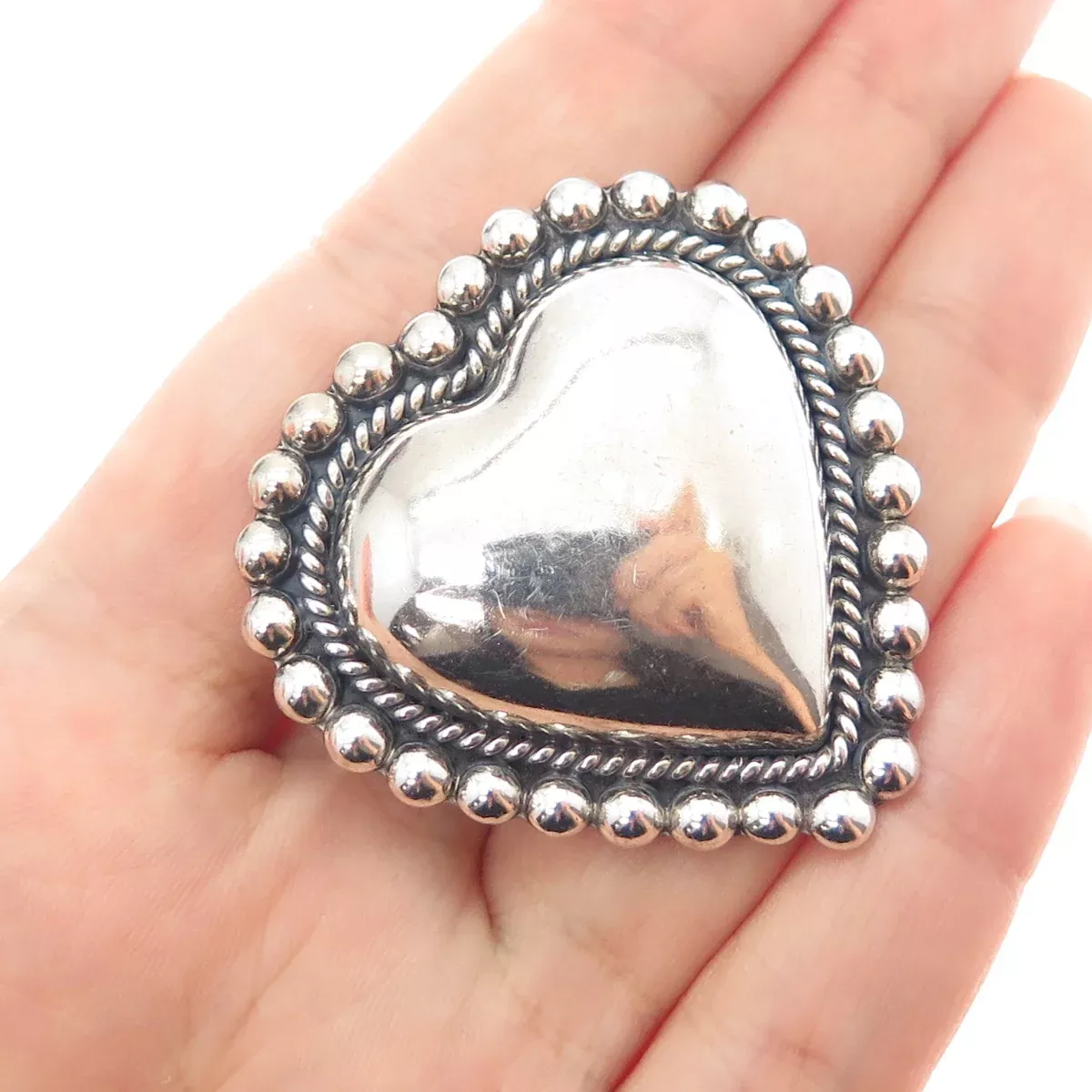 925 Sterling Silver Vintage CII Mexico Modernist Heart Beaded Oxidized Brooch