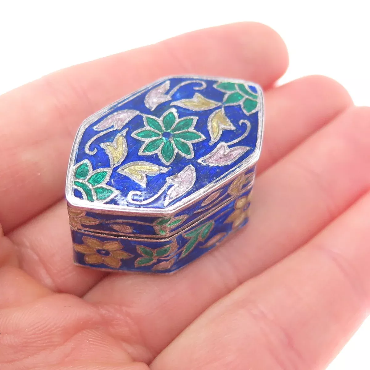 925 Sterling Silver Vintage Enamel Flower Pill/ Snuff Box