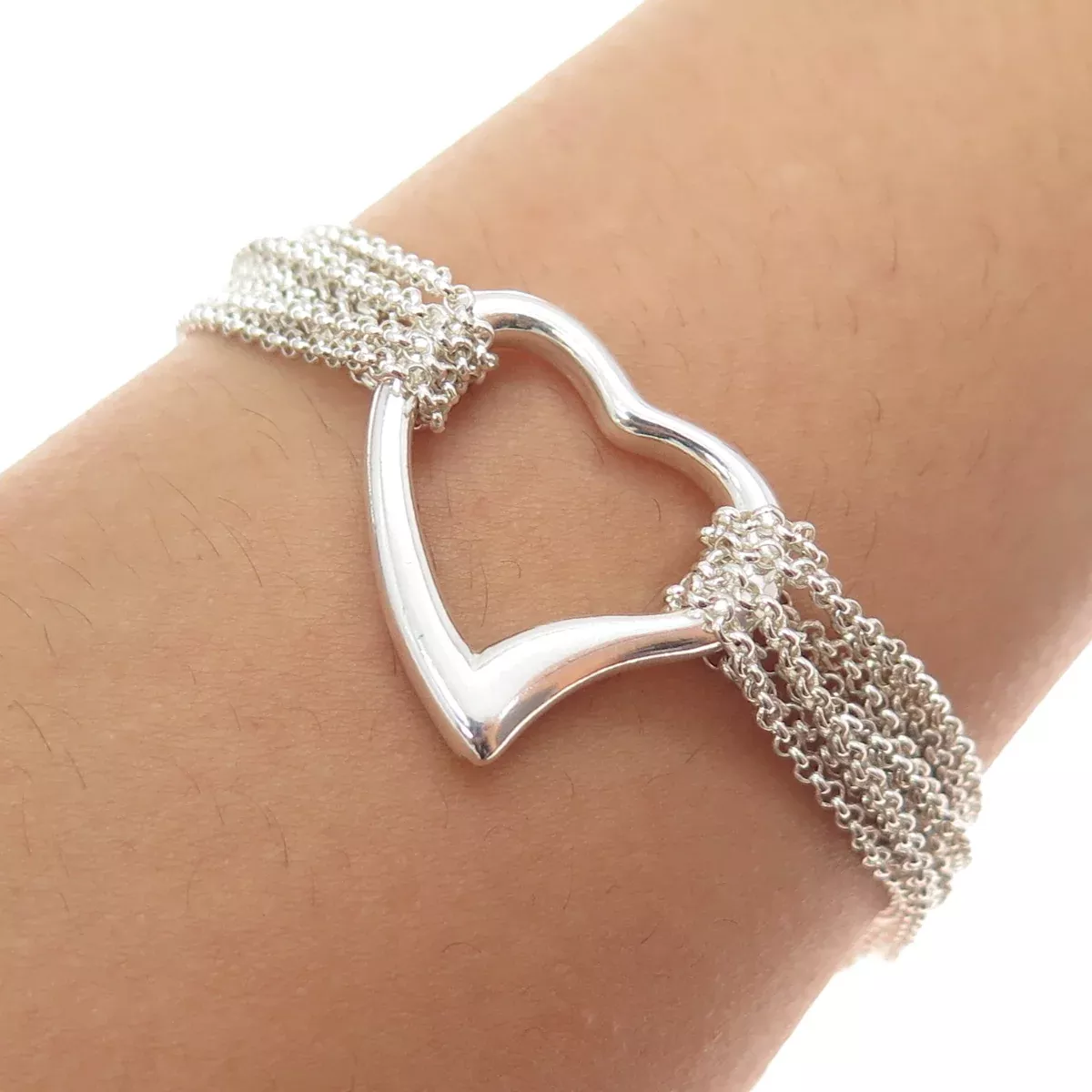 925 Sterling Silver Vintage Italy Heart Multi-Strand Rolo Link Bracelet 6.75