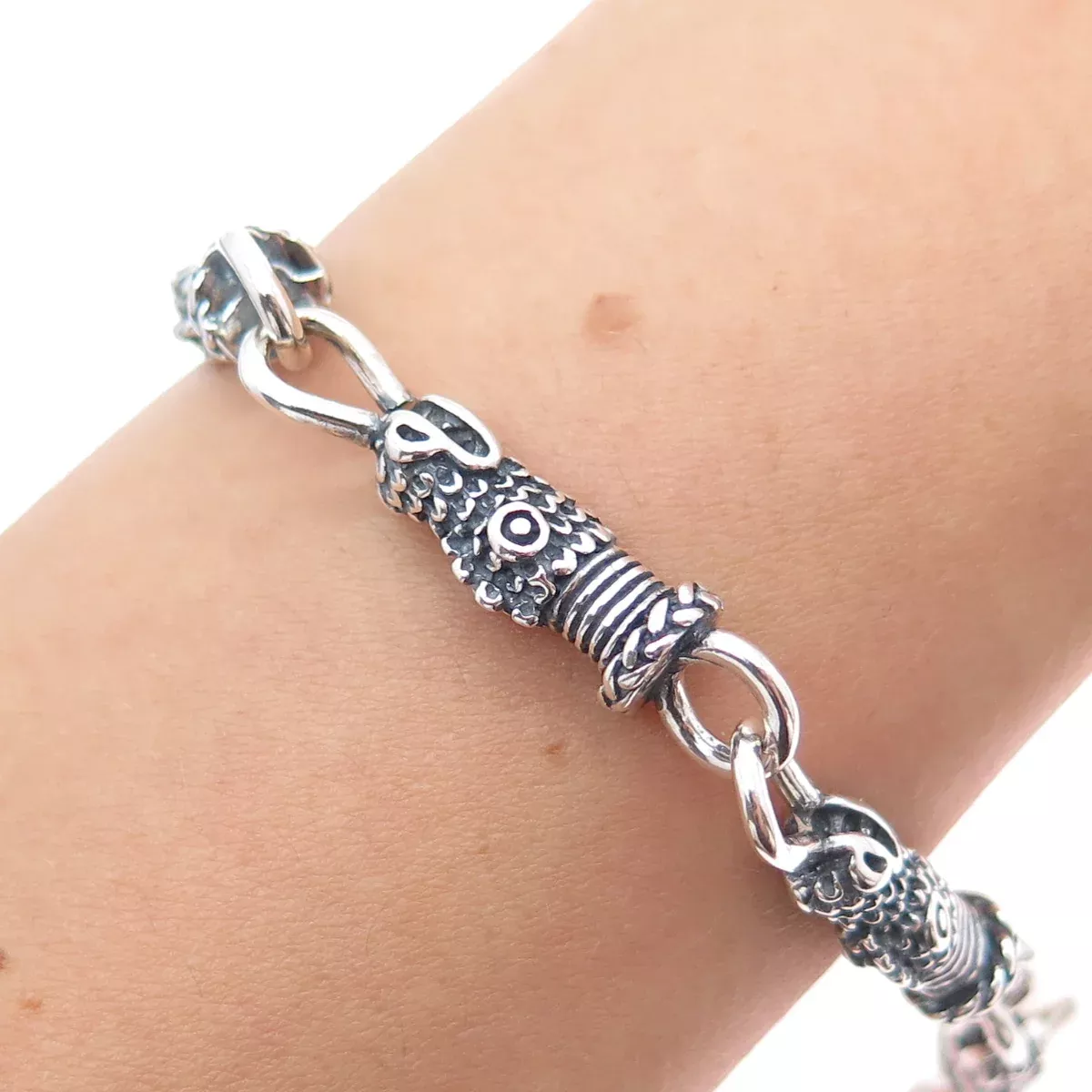 925 Sterling Silver Vintage Mexico Dragon Oxidized Link Bracelet 6.25