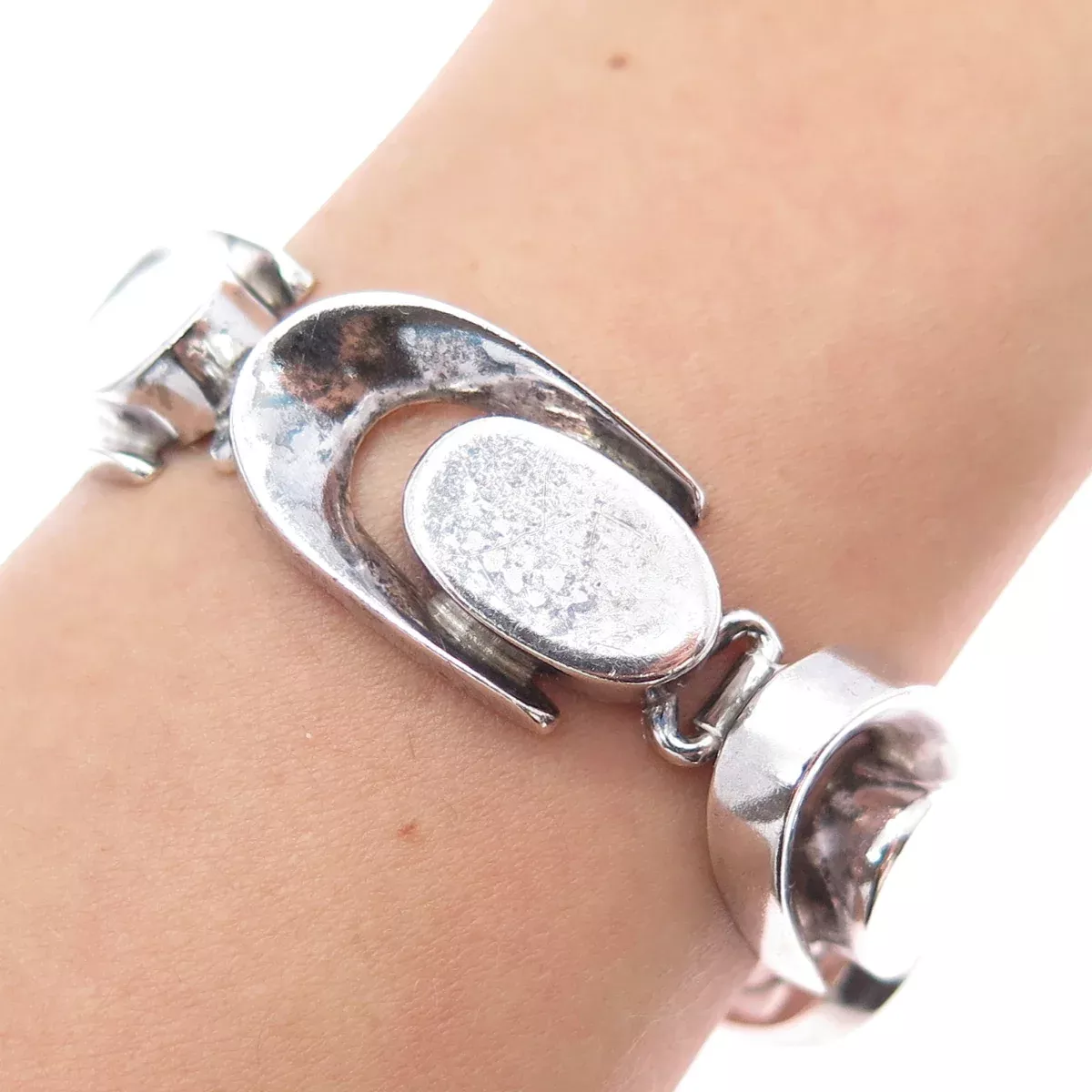 925 Sterling Silver Vintage Mexico Heavy 58.5g Modernist Oxidized Bracelet 6.75