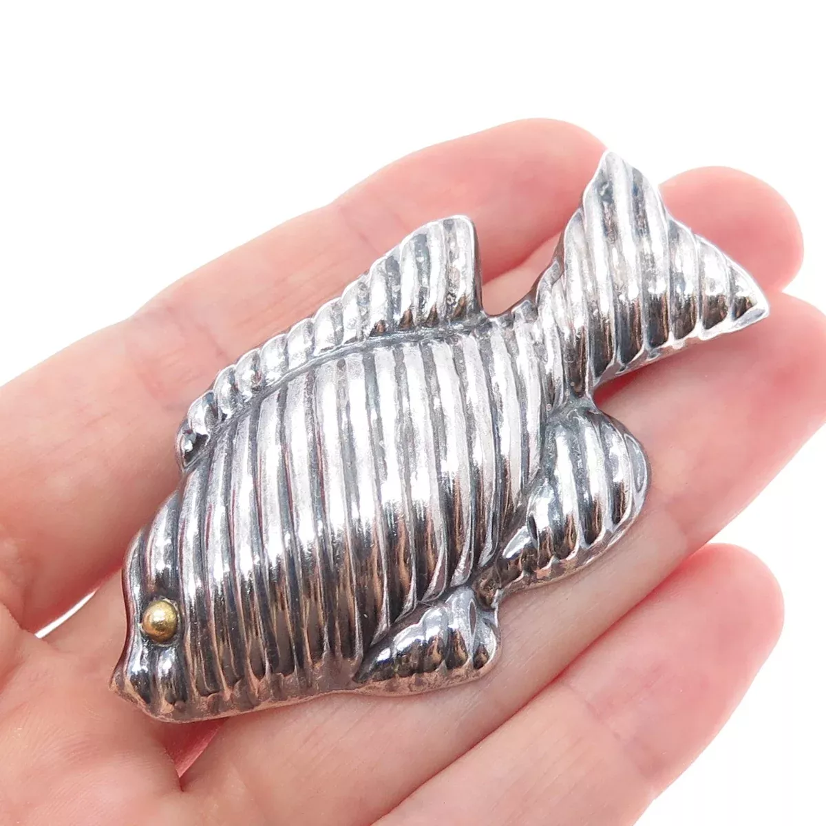 925 Sterling Silver Vintage Mexico Modernist Fish Oxidized Pin Brooch/ Pendant