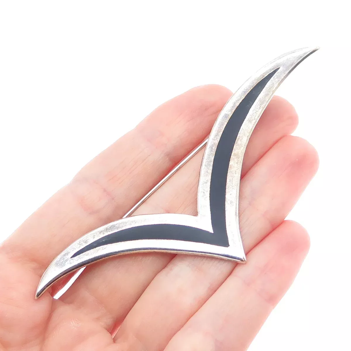 925 Sterling Silver Vintage Mexico Real Black Onyx Modernist Seagull Pin Brooch