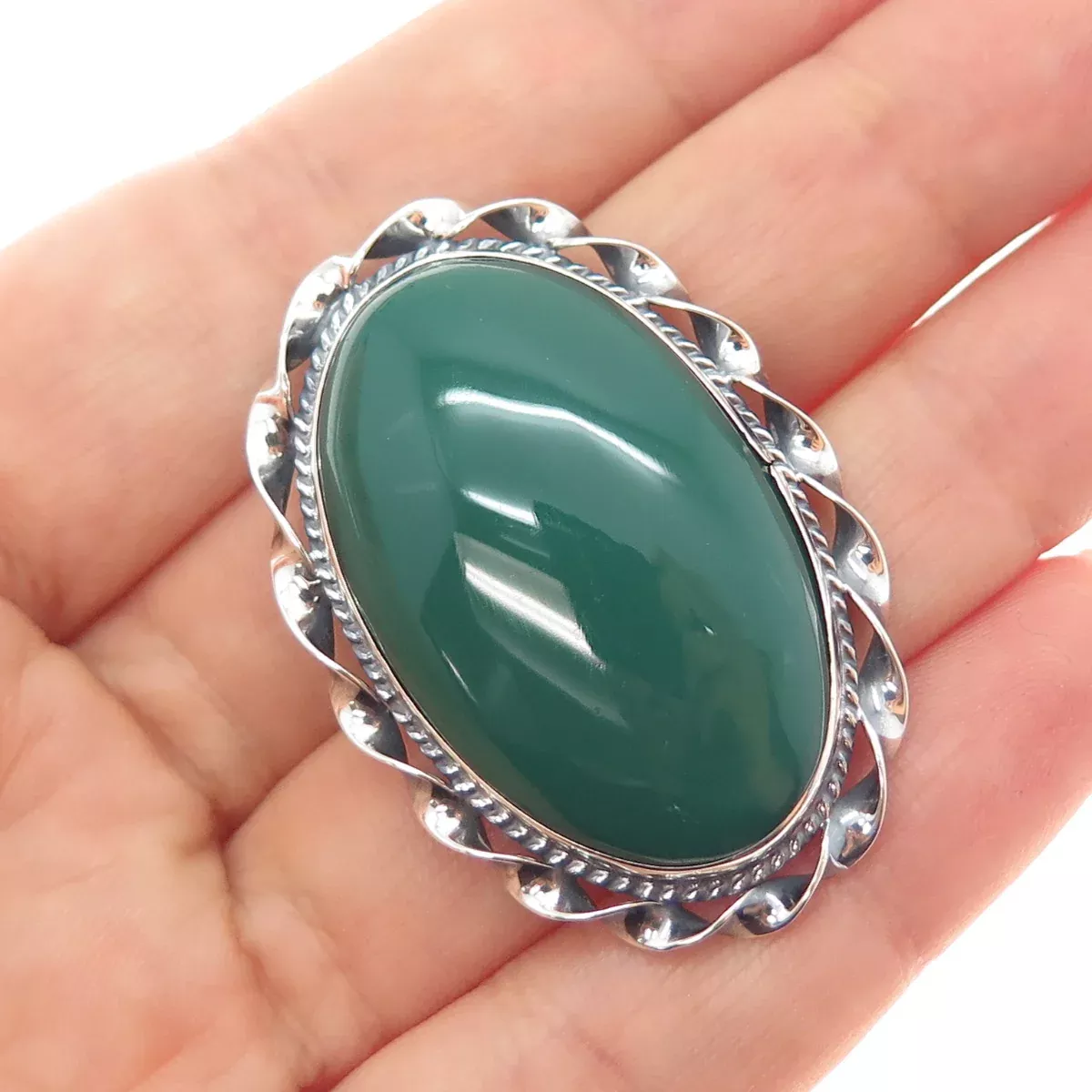 925 Sterling Silver Vintage Mexico Real Green Onyx Oxidized Pin Brooch/ Pendant