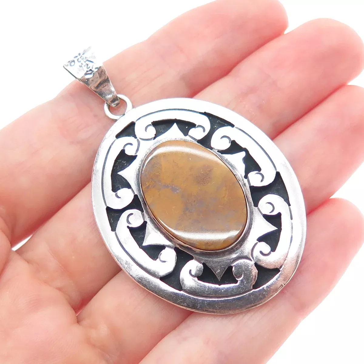 925 Sterling Silver Vintage Mexico Real Jasper Oxidized Charm Pendant