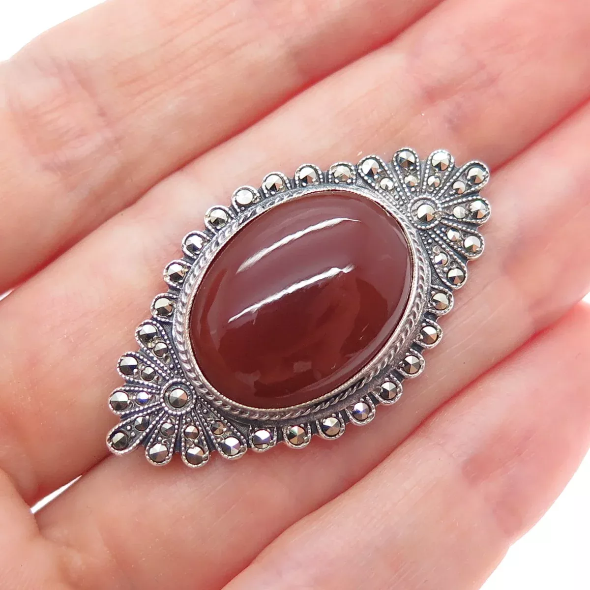 925 Sterling Silver Vintage Real Carnelian & Marcasite Oxidized Pin Brooch
