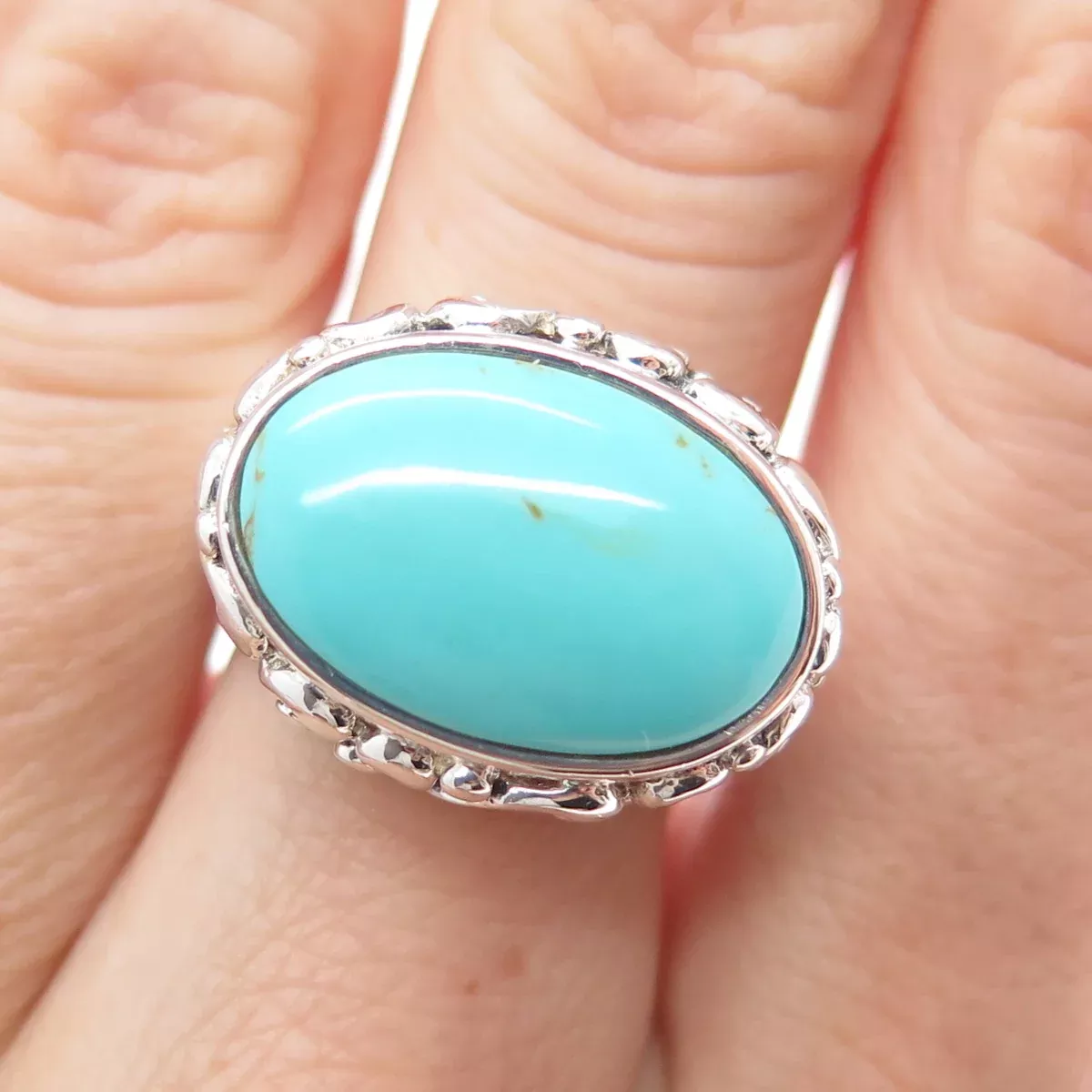925 Sterling Silver Vintage Real Lone Mountain Turquoise Ornate Ring Size 7