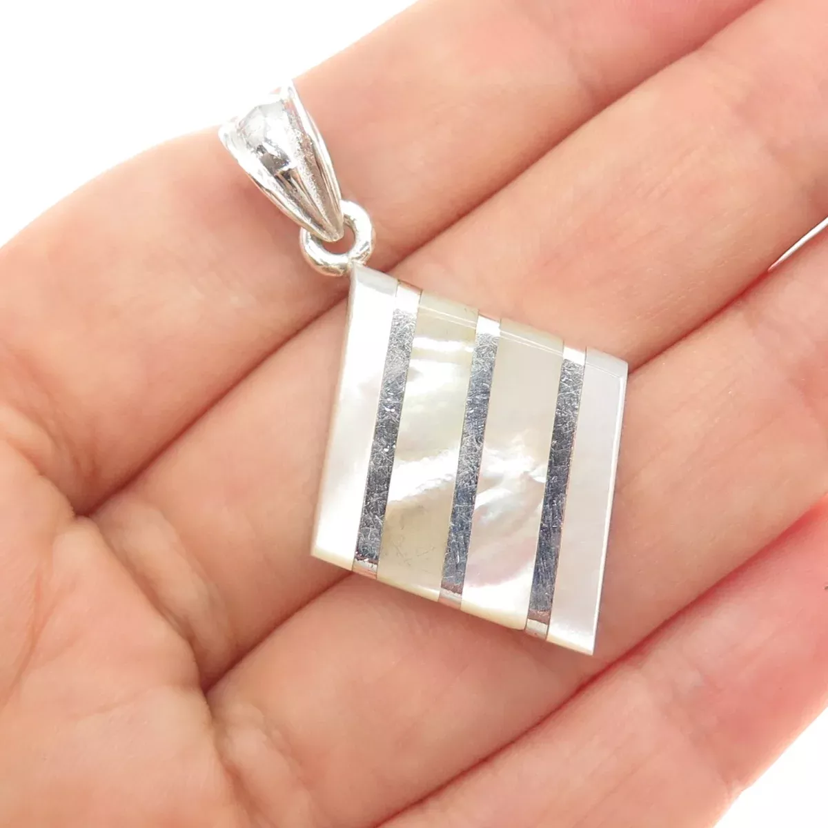925 Sterling Silver Vintage Real Mother-of-Pearl Charm Pendant