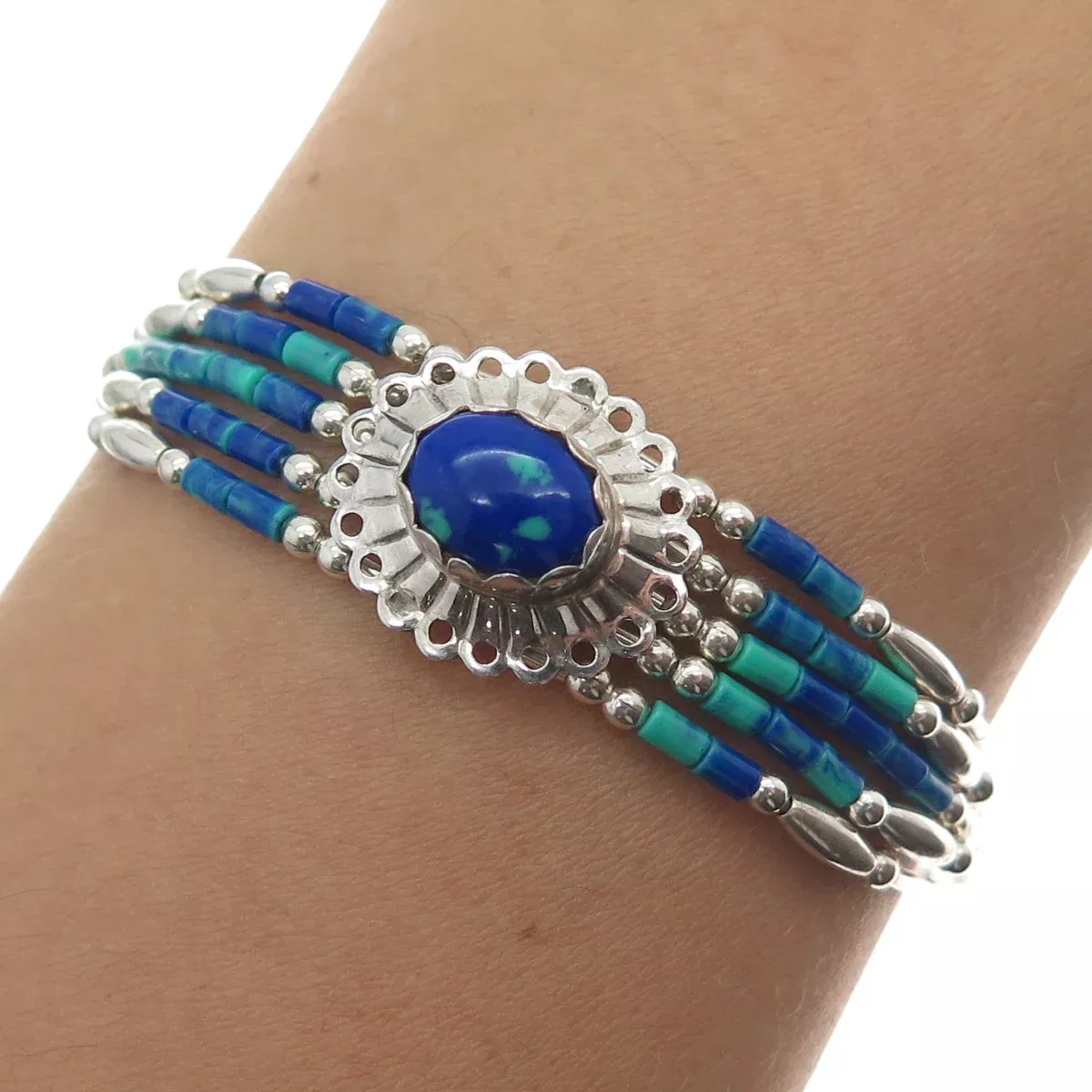 925 Sterling Silver Vintage Southwestern Real Azurite Gem Bead Link Bracelet 7