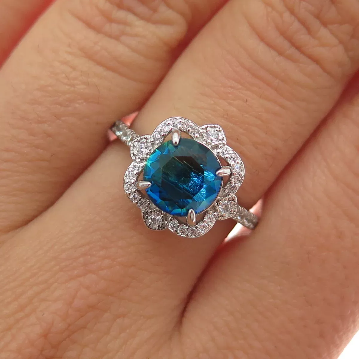 BOMB PARTY 925 Sterling Silver Real Doublet Mystic Quartz & C Z Ring Size 7.25