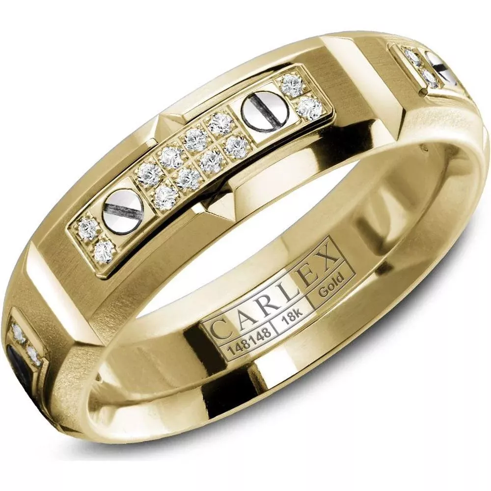 Carlex Men's Wedding Band - Diamond Pavé Plates with Polished Screws and Brushed Surface in White Gold - 6.5mm Width from the G2 Collection