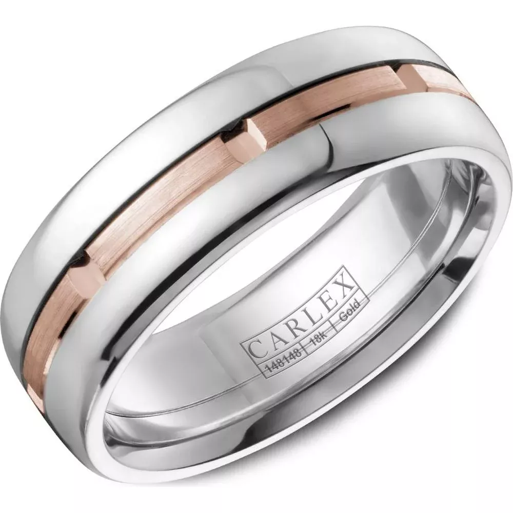 Carlex Men's Wedding Band - Polished Finish with a Brushed Inlay and Geometric Detailing in White Gold and Rose Gold - 7.5mm Width from the G1 Collection
