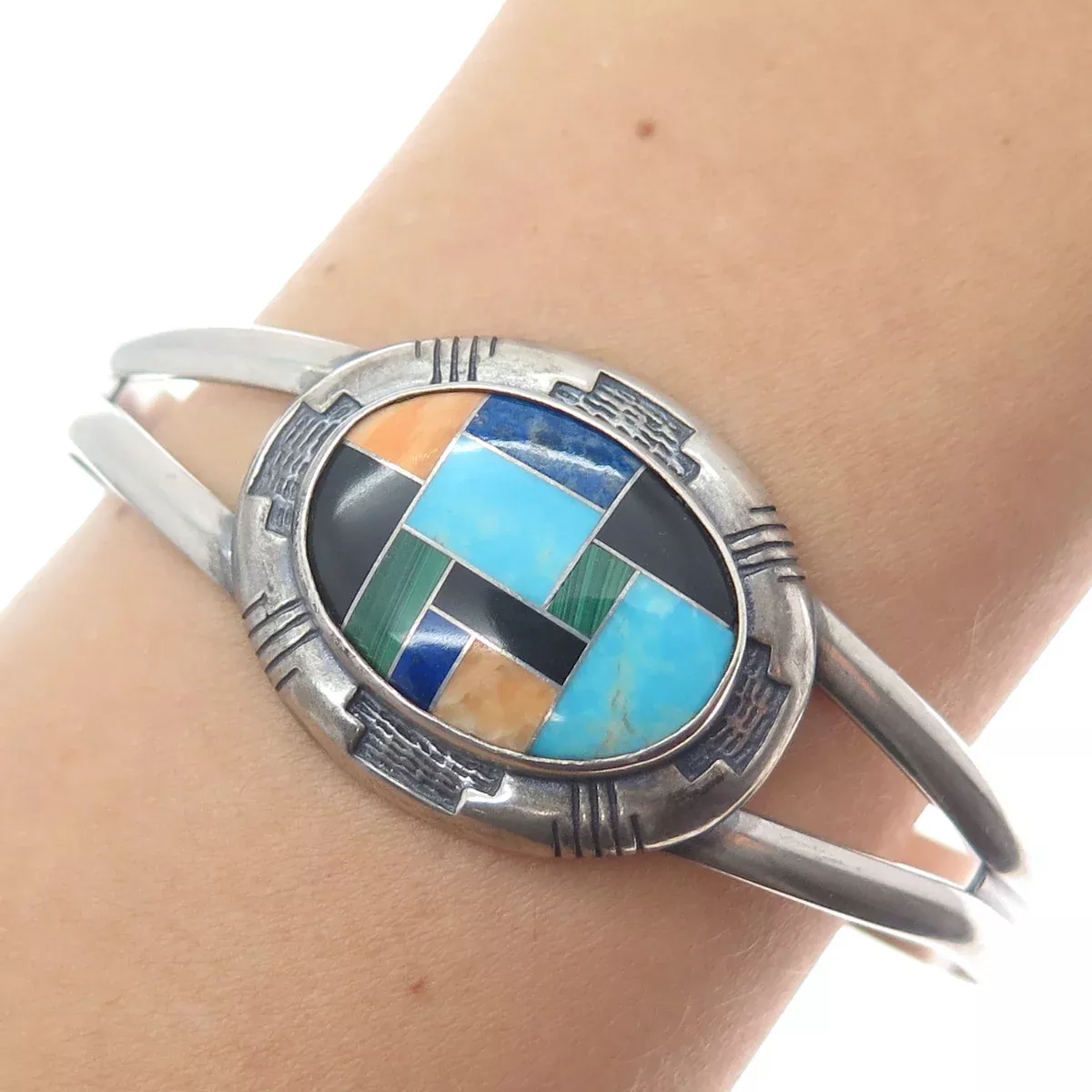 CAROLYN POLLACK Old Pawn 925 Sterling Vintage Multi-Gem Adjustable Bracelet 6.5