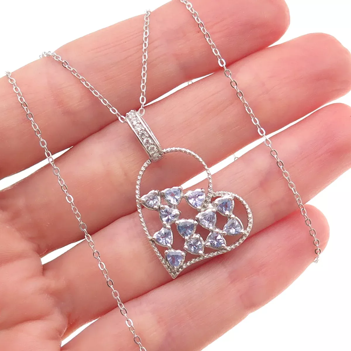 Chuck Clemency 925 Sterling Silver Real Tanzanite White Topaz Heart Necklace 20