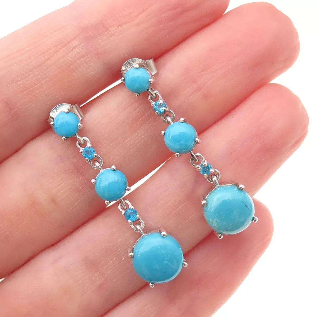 Chuck Clemency 925 Sterling Silver Real Turquoise & Apatite Dangle Earrings